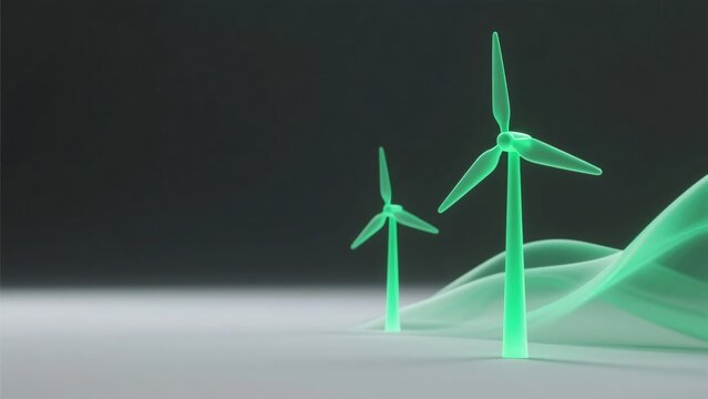 薄暗い空間の緑色に発光する風力発電機の模型と波打つテクスチャ、クリーンエネルギーのコンセプトイメージ