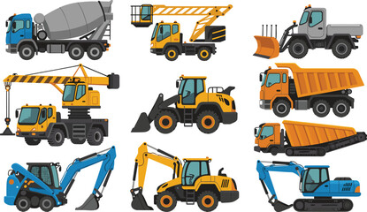Large Set of Heavy Construction Vehicle Vector Illustrations Featuring Excavators, Cranes, Cement Mixers, Dump Trucks, and Loaders for Building Industry and Civil Engineering Projects © Sanjida