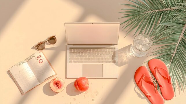 Warm sunlight bathes a tranquil workspace. Open laptop sits beside notebook and sunglasses. Peaches, flip-flops, and palm leaves add vibrant charm. Glass of water rests nearby. Perfect for vacation