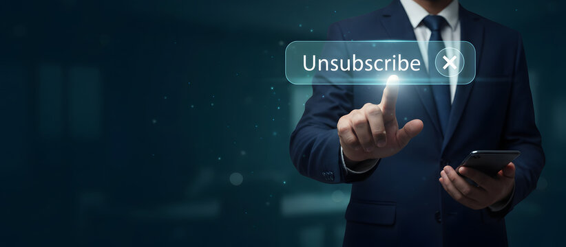 Unsubscribe digital button interface touched by corporate businessman on smartphone for email marketing preferences and digital cancellation concept