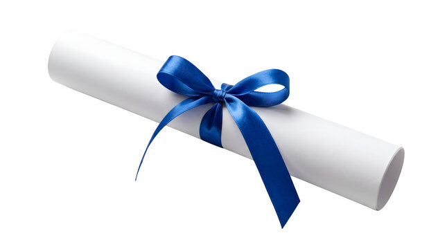 Rolled up diploma with blue ribbon tied in bow on transparent background