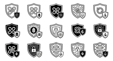 Collection of Digital Security Shields with Cryptographic Symbols. © Joko