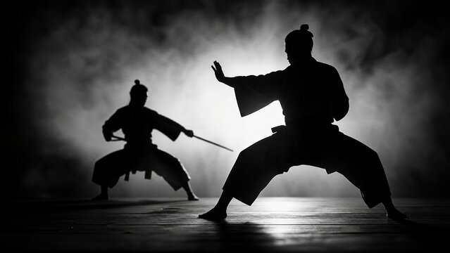 taichi. Two martial artists stand poised in dramatic silhouette, capturing intensity through stark light contrast. event key visuals, club posters, designed for fitness apps and gym onboarding.
