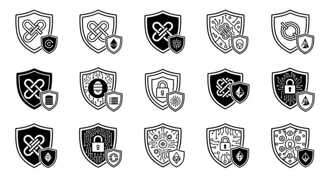 Collection of Digital Security Shields with Cryptographic Symbols.