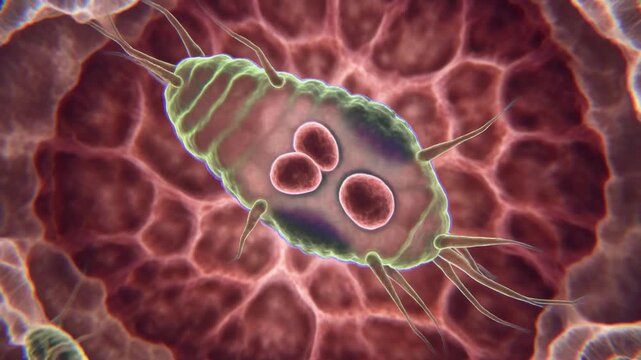 Microscopic bacterium with internal structures, animated cell movement, and surrounding cellular environment, symbolizing medical research, disease