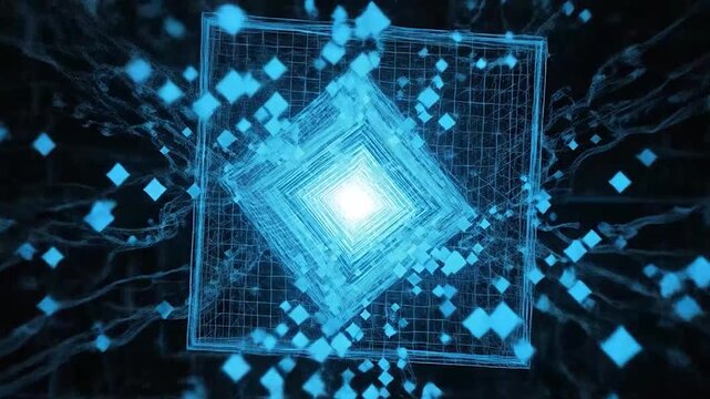 A glowing blue digital cube structure floating in a dark virtual space
