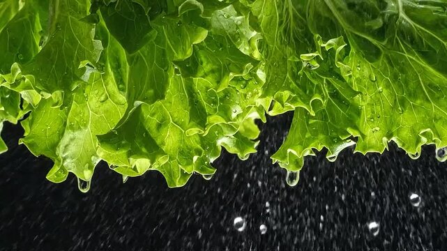 Fresh green lettuce leaves with water droplets against a dark background