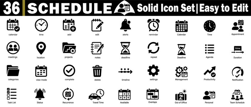 Schedule management solid icons. Including bold flat vector symbols for organizational planning, time tracking, office, and more.