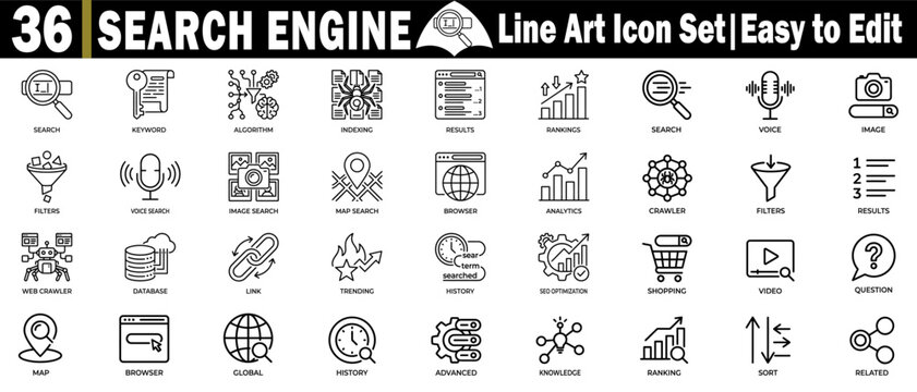 Search engine line art icon set. Containing thin stroke vector symbols for digital marketing optimization and network technology.