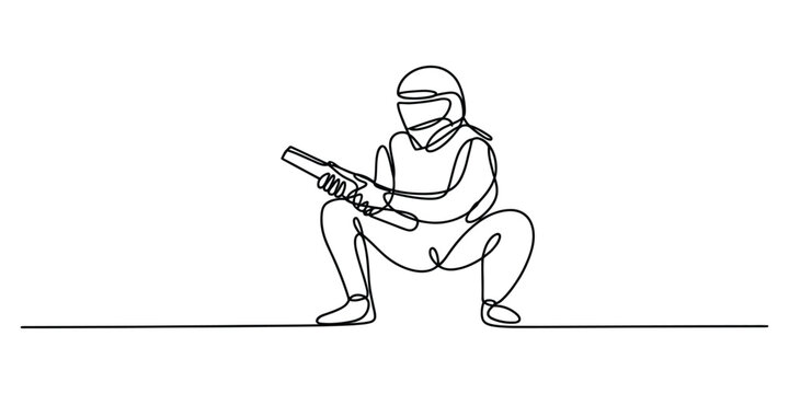 Continuous one line drawing of a tactical soldier holding a rifle
