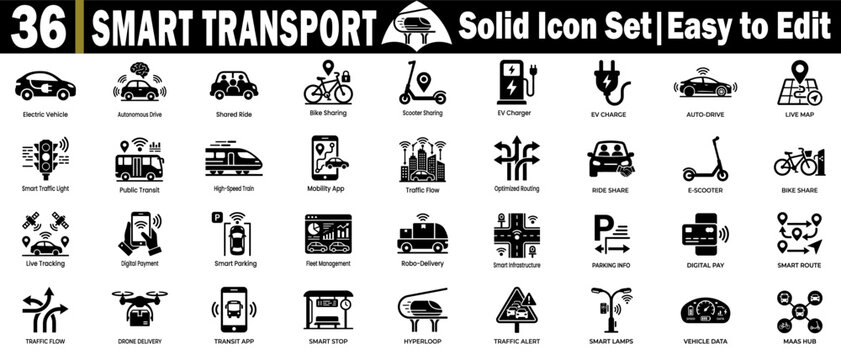 Smart transport icons set. Electric vehicle, autonomous drive, shared ride, bike sharing, scooter sharing ev charger.