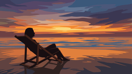 Obraz premium Silhouette of a person relaxing in a beach chair on the shore, watching a beautiful sunset over the ocean.