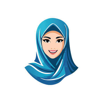 Smiling Muslim Woman Wearing Blue Hi jab logo design.