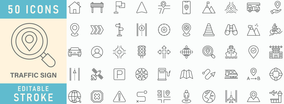Traffic Road icon collection set. Editable stroke. Vector illustration.
