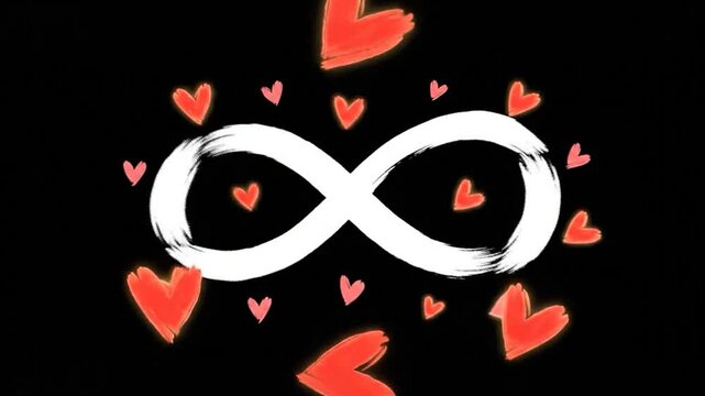 A white infinity symbol surrounded by floating red hearts on a black background