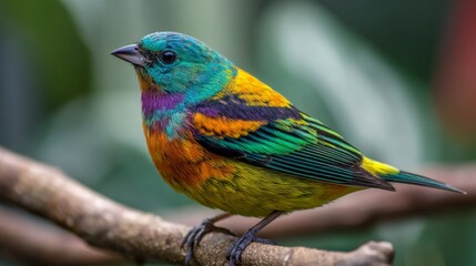 Fototapeta premium Vibrant multicolored bird perched on branch in lush environment showcasing feathers of blue, green, orange, and yellow against blurred background