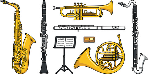 Fototapeta premium Woodwind and Brass Musical Instrument Set Featuring Saxophone, Trumpet, Clarinet, French Horn, and Flute for Jazz Band and Orchestral Music Education Designs