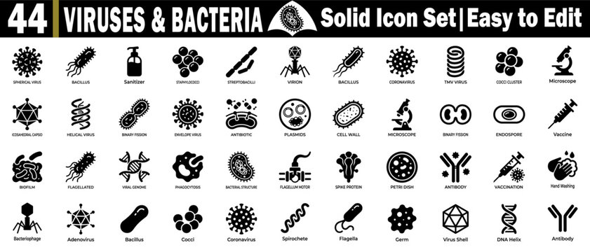 Viruses and bacteria solid icons set. Easy to edit healthcare and science concepts, great for medical and research.