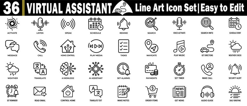 Virtual assistant line art icon set. Easy-to-edit technology and communication concepts are great for web and apps.