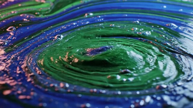 Abstract swirling vortex of blue and green paint with shimmering particles, creating a hypnotic marbled effect, perfect for backgrounds and design elements