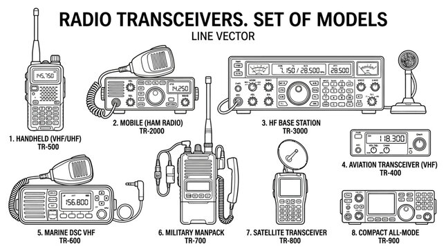 Set of Radio Transceiver Models: Handheld, Mobile, Base Station, Aviation, Marine, Military, Satellite