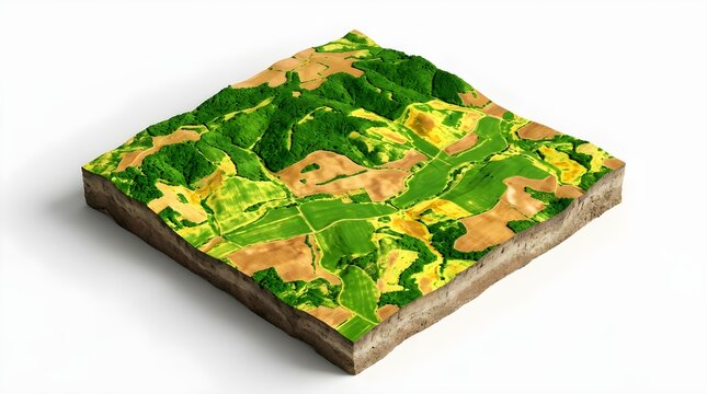 3D GIS terrain slab displaying DEM and DSM data for surface visualization, land analysis, and environmental planning, detailing various slope angles