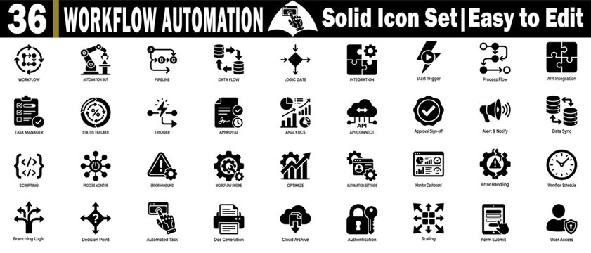 Workflow automation solid icon set. Featuring thirty-six black glyph symbols for business processes, task management, and systems.