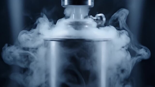 Liquid nitrogen vapor escaping from a steel cryogenic container in a dark laboratory.