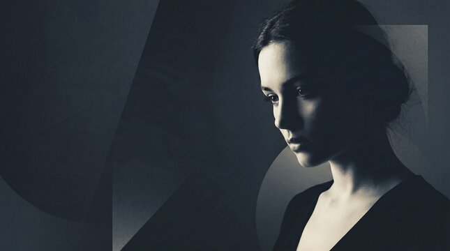 A young woman with dark hair looks down in a contemplative or sad pose, bathed in dramatic, low-key lighting.