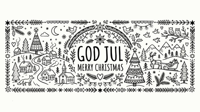 God Jul Merry Christmas Doodles: Winter Village, Sleigh, Deer, Trees, Stars, Birds