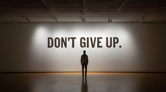 Person standing beneath motivational don't give up message on wall.
