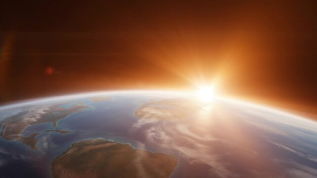 Sunrise Seen from Orbit Around Earth with Glowing Horizon and Outer Space Planet View