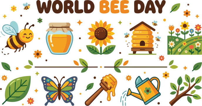 vector illustration of World Bee Day celebration with hive, bee, flowers and honey, icon elements