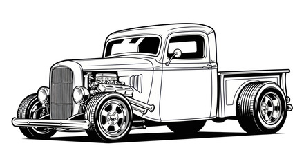 Vintage Hot Rod Truck Illustration - Classic Custom Pickup with Exposed Engine © Riris