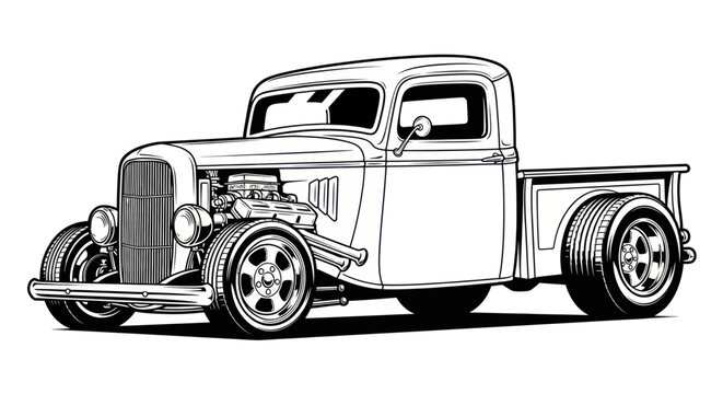 Vintage Hot Rod Truck Illustration - Classic Custom Pickup with Exposed Engine