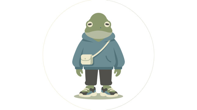 Frog Character Wearing Hoodie and Shoulder Bag Illustration