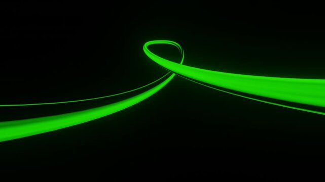 Green neon glowing curved lines loop knot animation on dark background