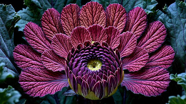 Purple and green ornamental cabbage flower head close-up with colorful decorative botanical