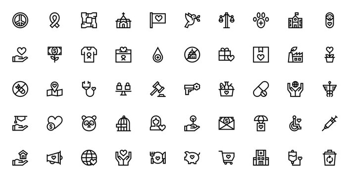 Non Governmental Organization icon set. Minimal vector pack. Includes peace, charity, health, education, justice, freedom, donation and more. Editable stroke.