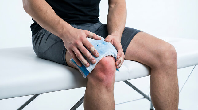 Knee Injury Pain Relief: Man Icing Joint for Sports Recovery & Swelling Treatment. Rehabilitation Therapy