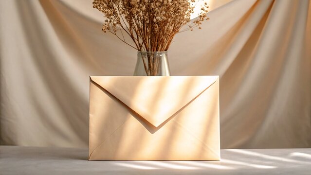 A blank letter and an envelope are isolated near the window curtains, golden curtain displaying a still life with a vase