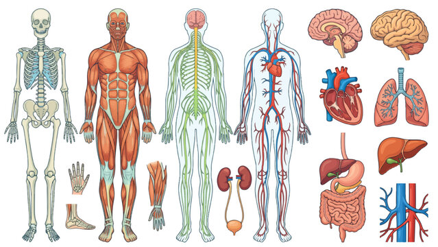 Human Body Science Anatomy Chart Featuring Skeleton, Stomach, Body Parts, Muscles, Organs, Bones, Medical Illustration, Healthcare Education Diagram