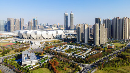 Naklejka premium Aerial View of Urban Sports Stadium and Residential District