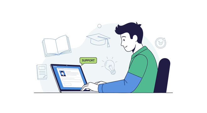 Student learning online with computer and support concept