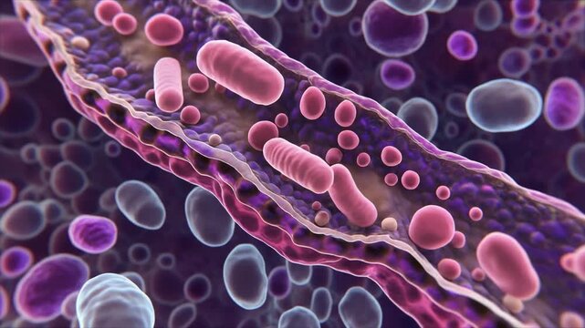Microscopic view of blood cells and bacteria flowing through a vein, microscopic cellular motion, depicting blood circulation and infection