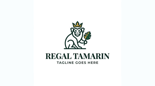 Cartoon style regal tamarin wearing a crown and holding a leaf as the central logo character