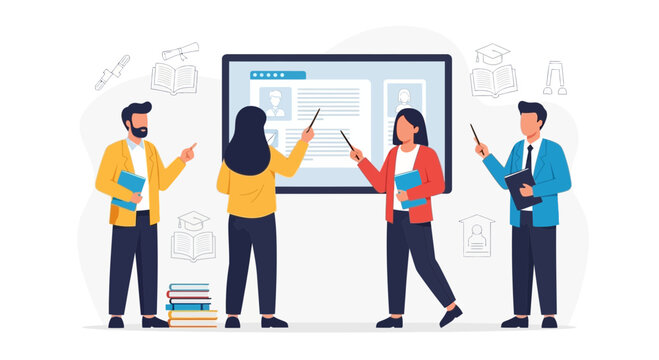 Diverse educators teaching using presentation board and books, knowledge sharing