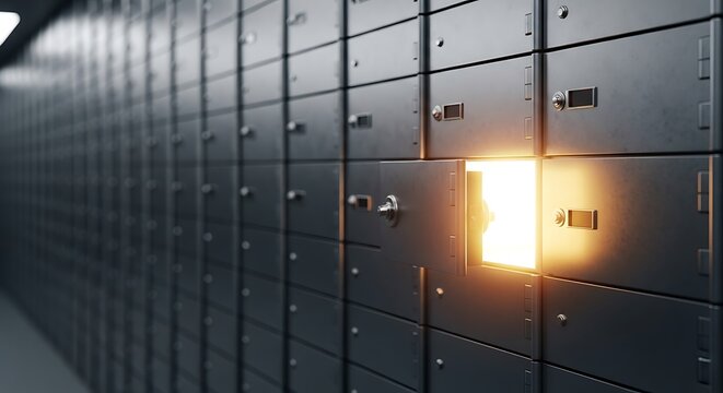 Open safe deposit box in bank vault with glowing warm light, financial security concept