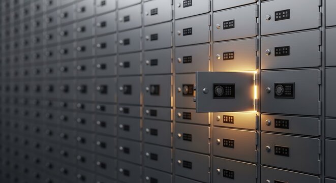 Open safe deposit box in bank vault with glowing warm light, financial security concept
