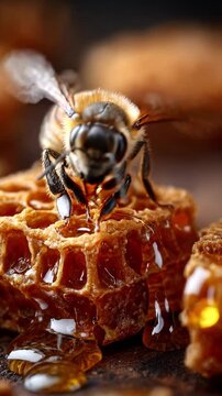 Golden Nectar: A close-up shot captures a bee perched atop a glistening honeycomb, dripping with golden honey, embodying the sweet essence of nature's bounty.